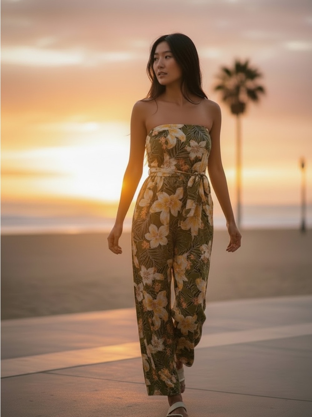 NWT Blu Pepper Strapless Floral Print Jumpsuit in Olive Green and Yellow - M